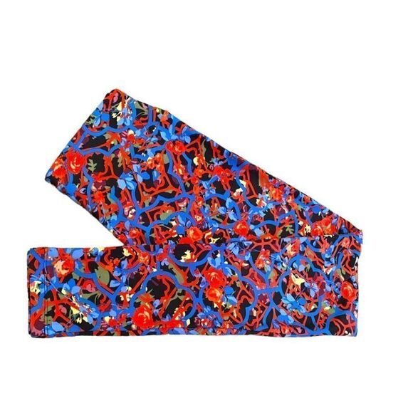 0656  LuLaRoe Size OS Leggings Floral Gate Print Blue and Red New - Picture 1 of 5